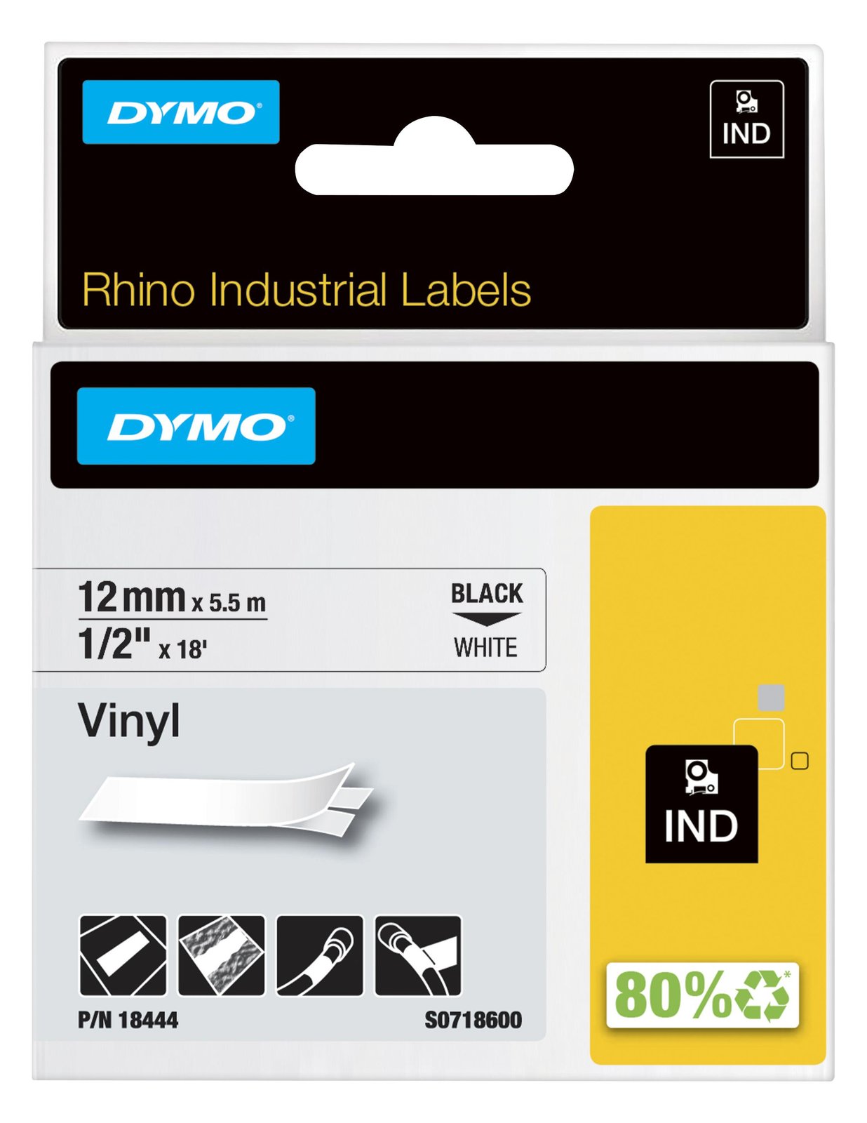 Dymo IND All-Purpose - Vinyl - Klebstoff - Schwarz auf Weiß - Rolle (1,2 cm x 5 m)