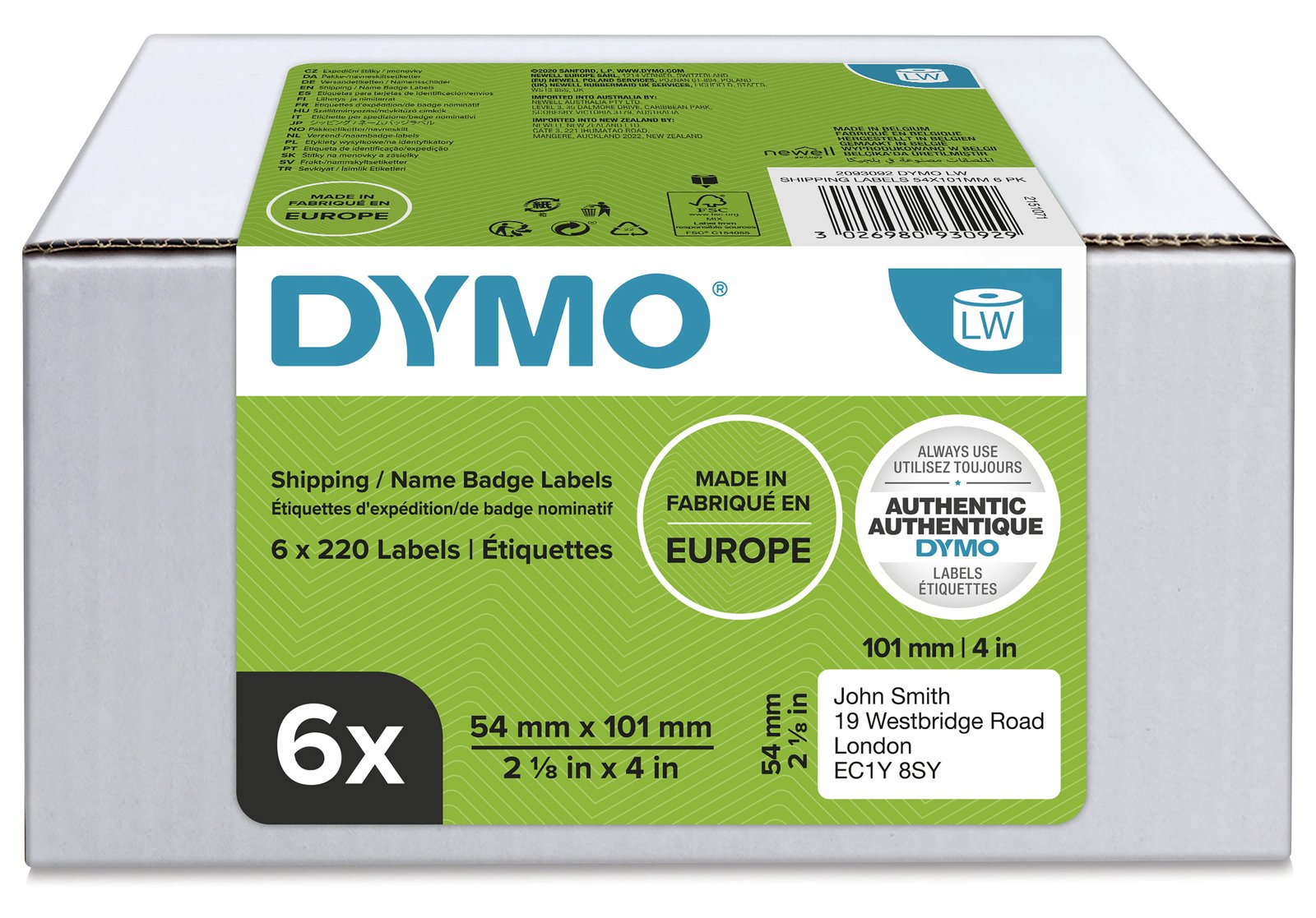 Dymo LabelWriter - Permanenter Klebstoff - weiß - 54 x 101 mm 1320 Etikett(en) (6 Rolle(n)