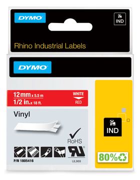 Dymo Rhino - Vinyl - permanenter Klebstoff - Weiß auf Rot - Rolle (1,2 cm x 5,5 m) von LumaTech