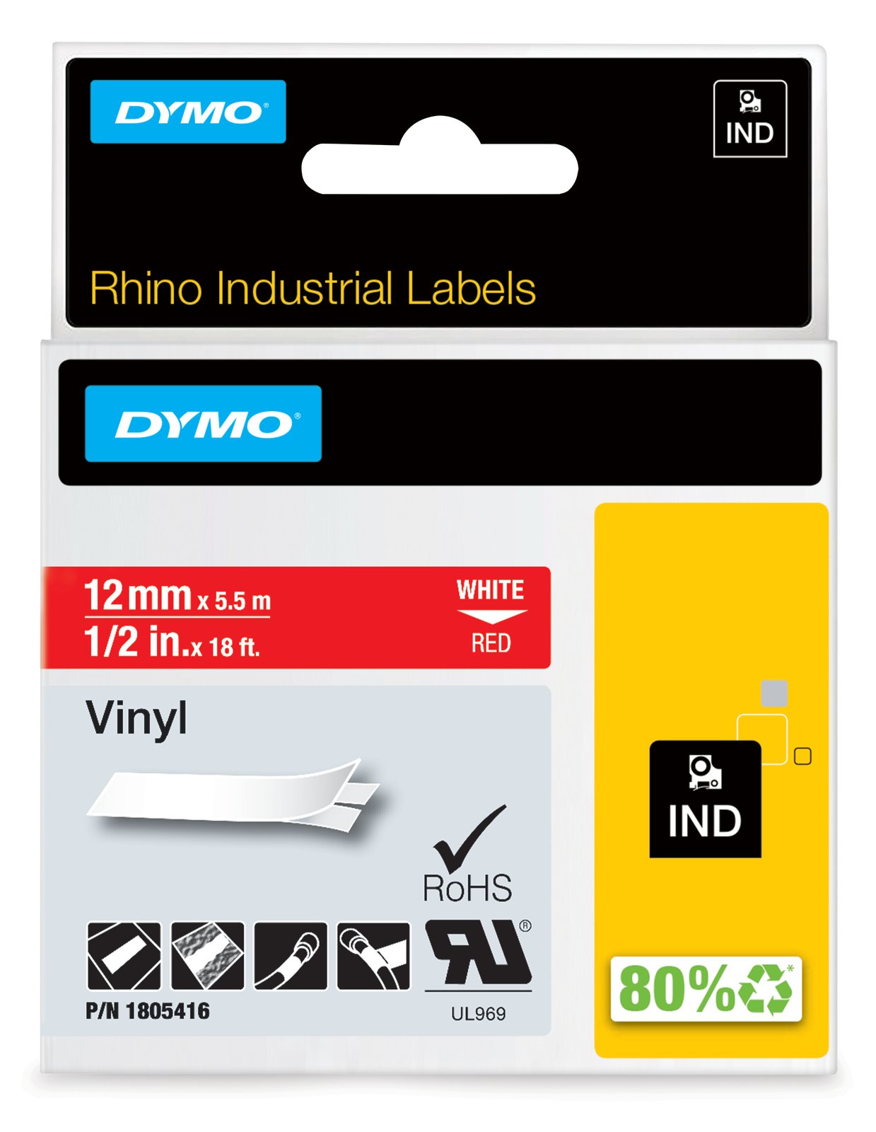 Dymo Rhino - Vinyl - permanenter Klebstoff - Weiß auf Rot - Rolle (1,2 cm x 5,5 m)