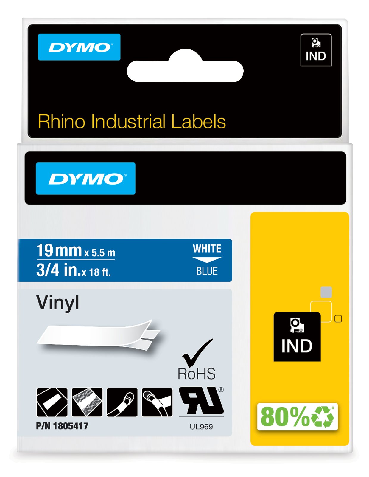 Dymo Rhino Coloured Vinyl - Vinyl - permanenter Klebstoff - weiß auf blau - Roll (1.9 cm x 5.5 m)