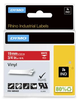 Dymo Rhino Coloured Vinyl - Vinyl - permanenter Klebstoff - Weiß auf Rot - Roll (1.9 cm x 5.5 m) von LumaTech