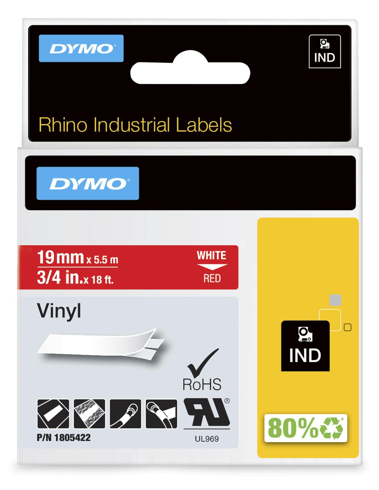 Dymo Rhino Coloured Vinyl - Vinyl - permanenter Klebstoff - Weiß auf Rot - Roll (1.9 cm x 5.5 m)