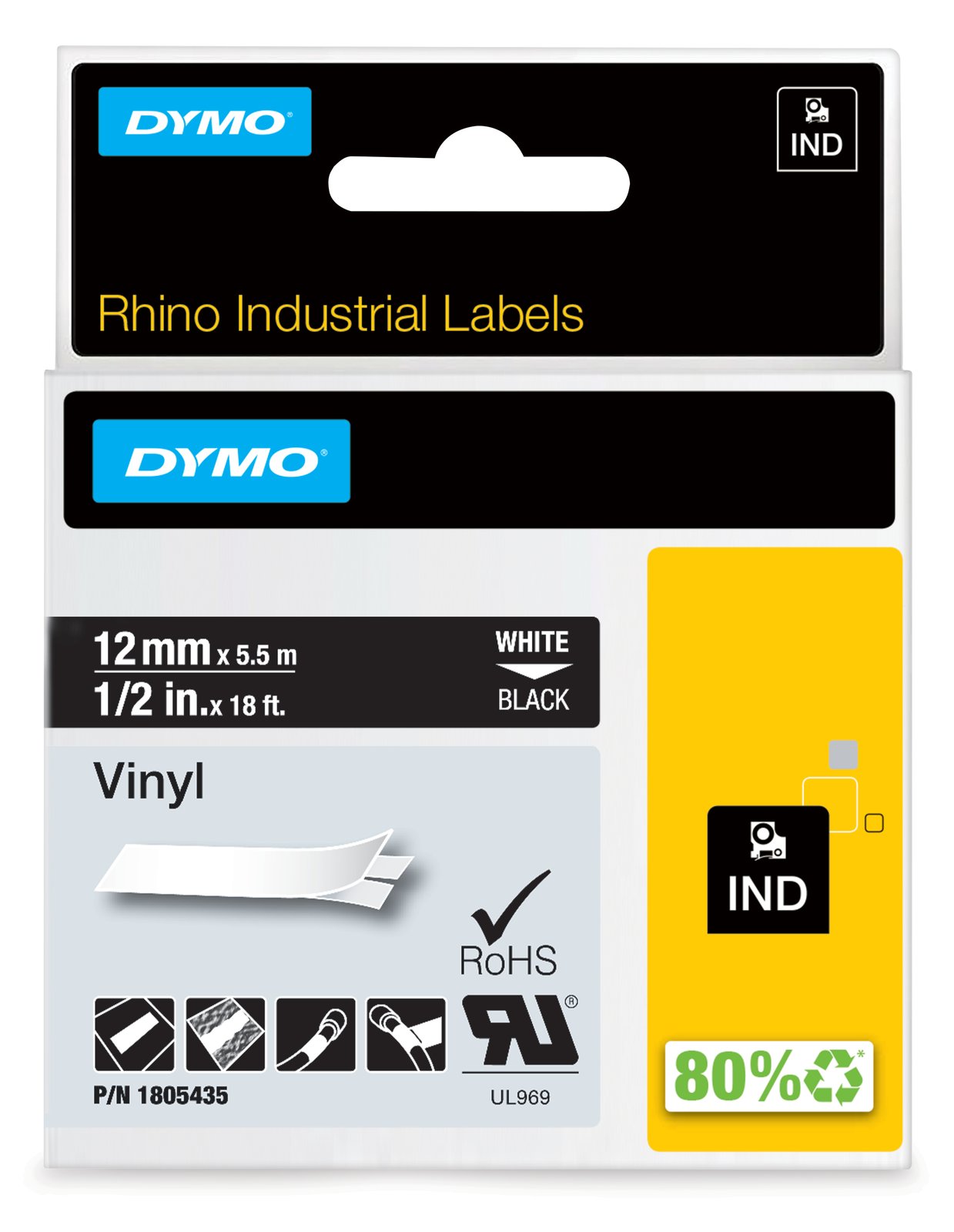 Dymo Rhino Coloured Vinyl - Vinyl - permanenter Klebstoff - Weiß auf Schwarz - Rolle (1,2 cm x 5,5 m)