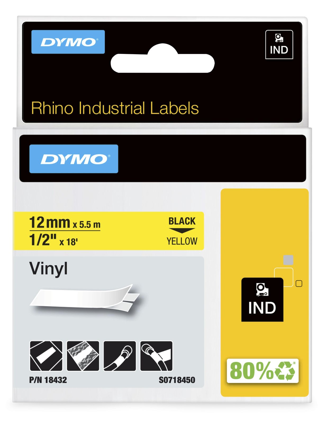 Dymo RhinoPRO - Vinyl - permanenter Klebstoff - Gelb - Rolle (1,2 cm x 5,5 m)