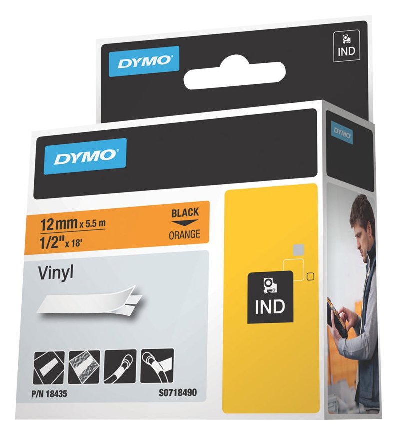 Dymo Selbstklebend - Schwarz auf Orange - Rolle (1,2 cm x 5,5 m)