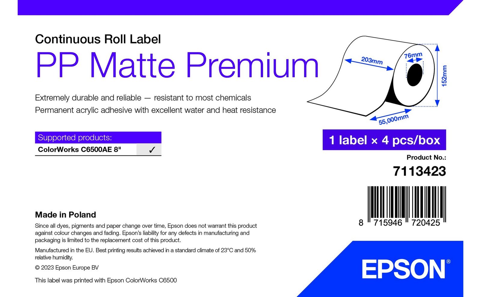Epson 7113423 - Weiß - Selbstklebendes Druckeretikett - Etikettenrolle - Rolle - Tintenstrahl - Acryl