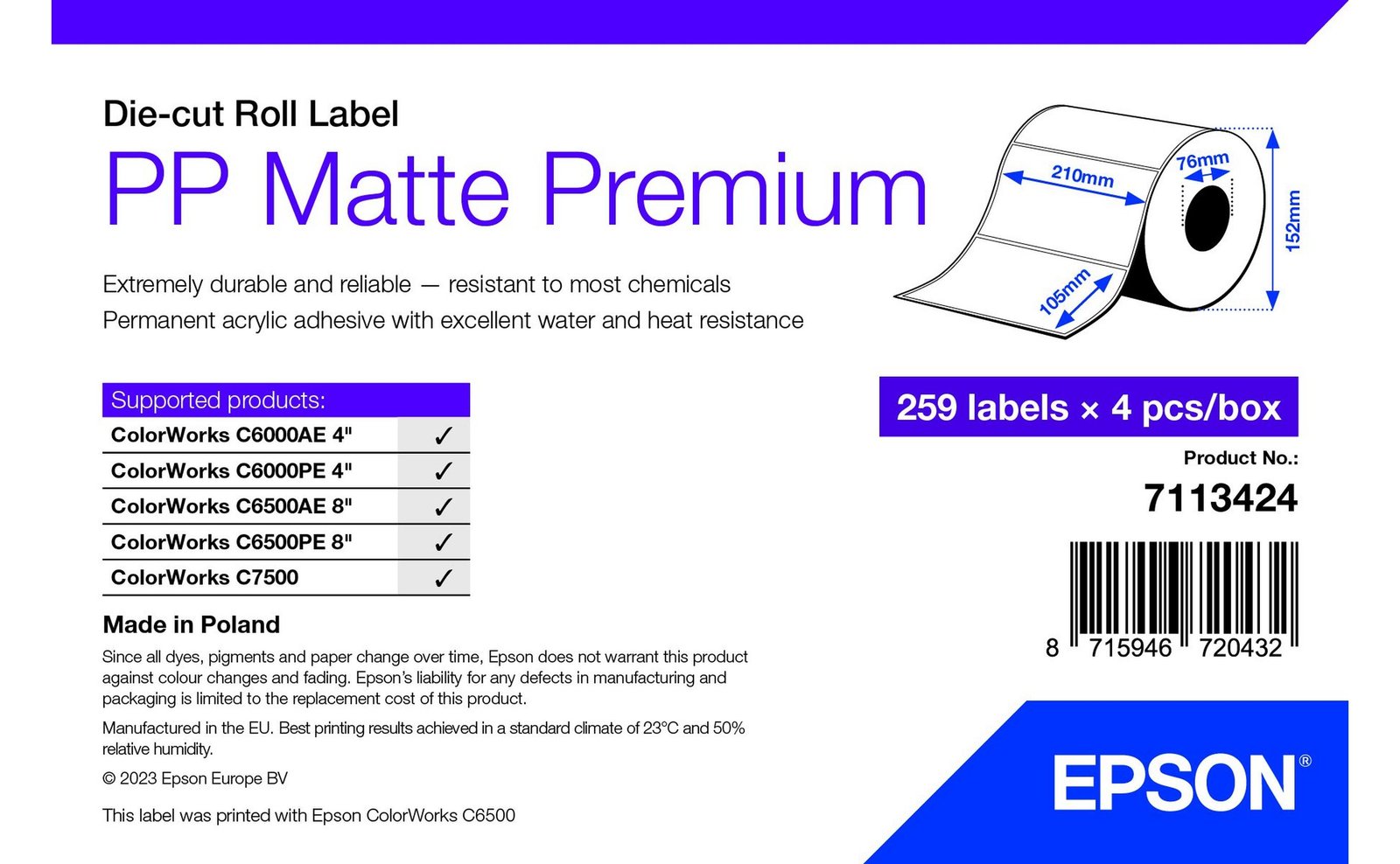 Epson Premium - Polypropylen (PP) - matt - permanenter Acrylklebstoff - 105 x 210 mm 1036 Etikett(en) (4 Rolle(n)