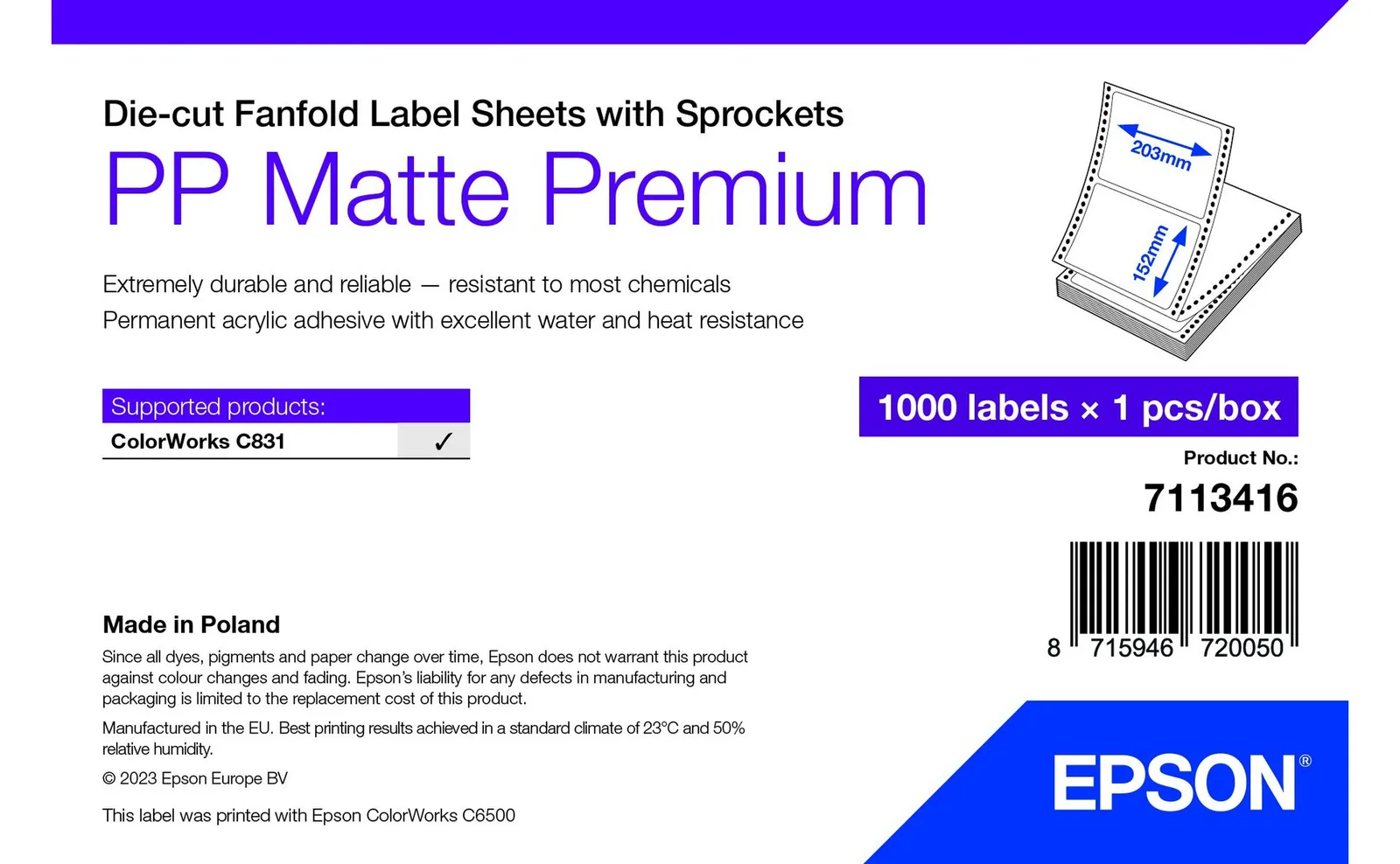 Epson Premium - Polypropylen (PP) - matt - permanenter Acrylklebstoff - 203 x 152 mm 1000 Etikett(en) (1 Bogen x 1000), Ansicht 2