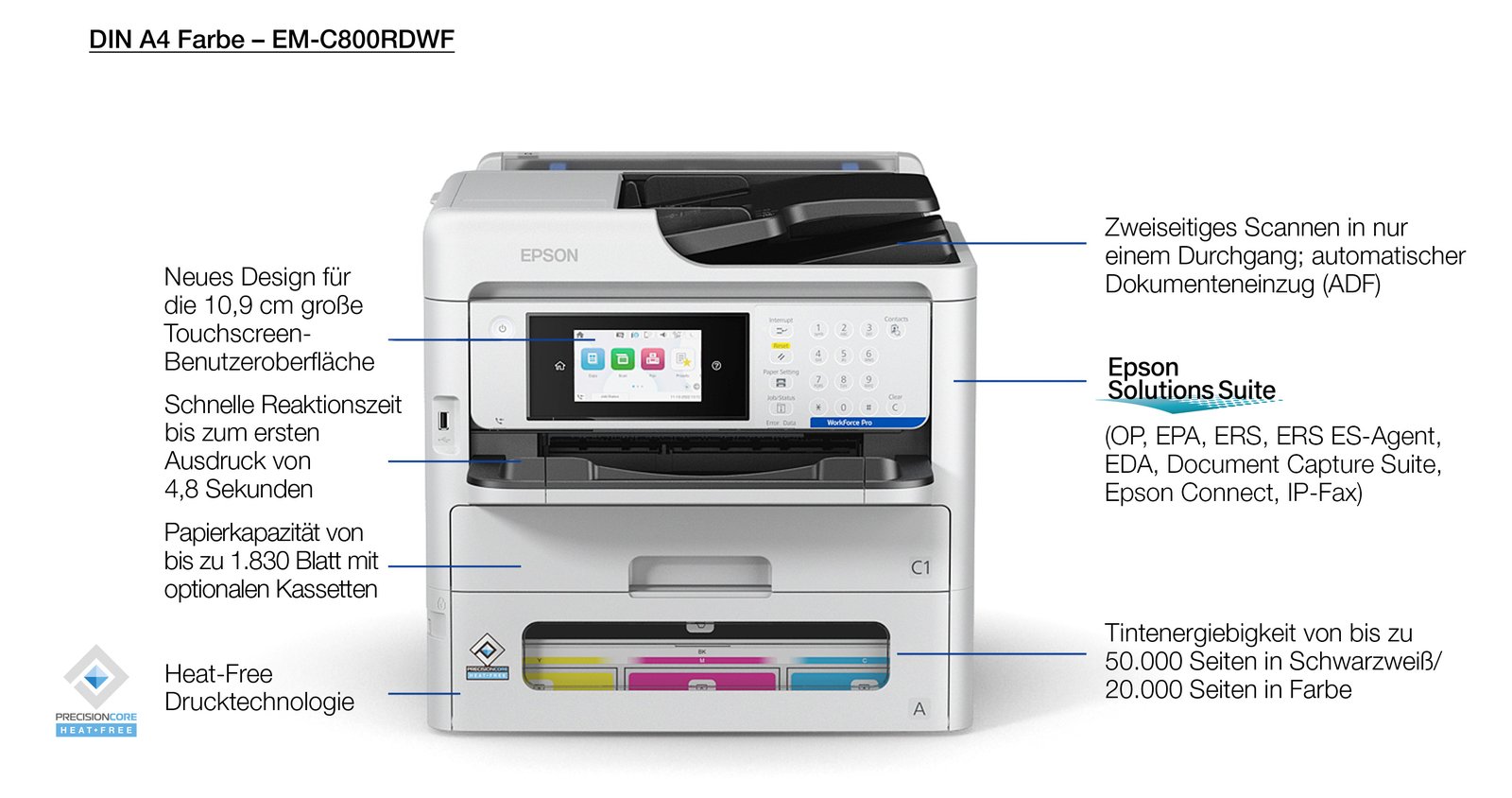 Epson WorkForce Pro EM-C800RDWF - Multifunktionsdrucker - Farbe - Tintenstrahl - A4 (210 x 297 mm)