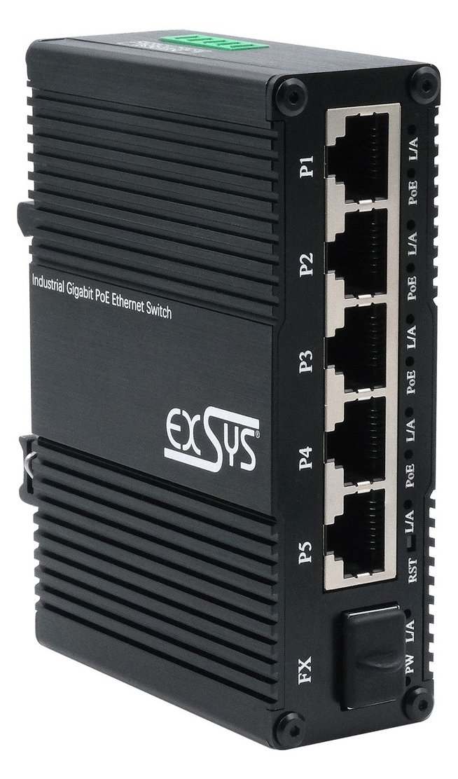 Exsys Switch 5+ Mini Industrie Gigab. 5+1xGigabit SFP PoE+ Web-Managed - - 1 - - 1 - Switch - 1 Gbps