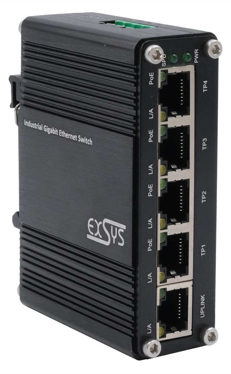 Exsys Switch 5Port Industrie Ethernet PoE 4x10/100/1000Tx 12-48VDC - Switch - 0,1 Gbps