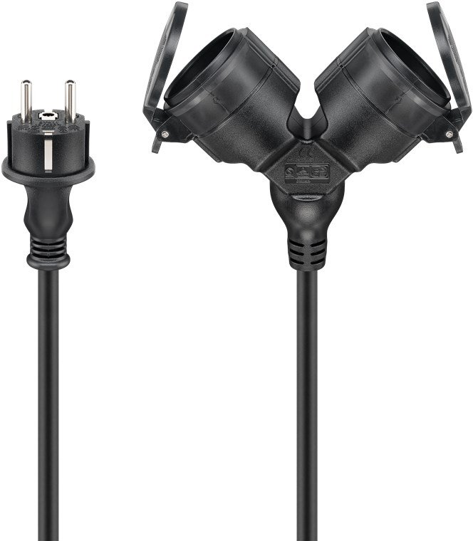 Goobay Doppel-Verlängerungskabel Outdoor 10 m schwarz - Schutzkontaktstecker Hybrid Typ - Kabel - Verlängerungskabel