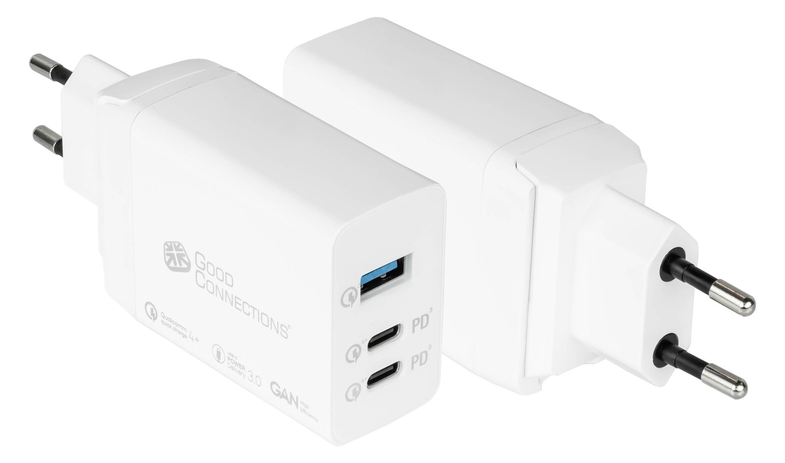 Good Connections USB-Schnellladegerät 65W mit GaN-Technologie, 3-Port (2x USB-C und 1x USB-A), PD 3.0, QC 3.0, Weiß