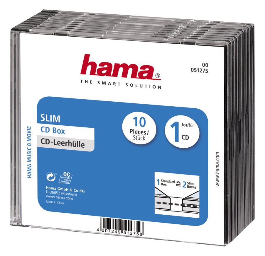 Hama Slim Jewel Case für Speicher-CD - Kapazität: 1 CD - durchsichtig schwarz (Packung mit 10)