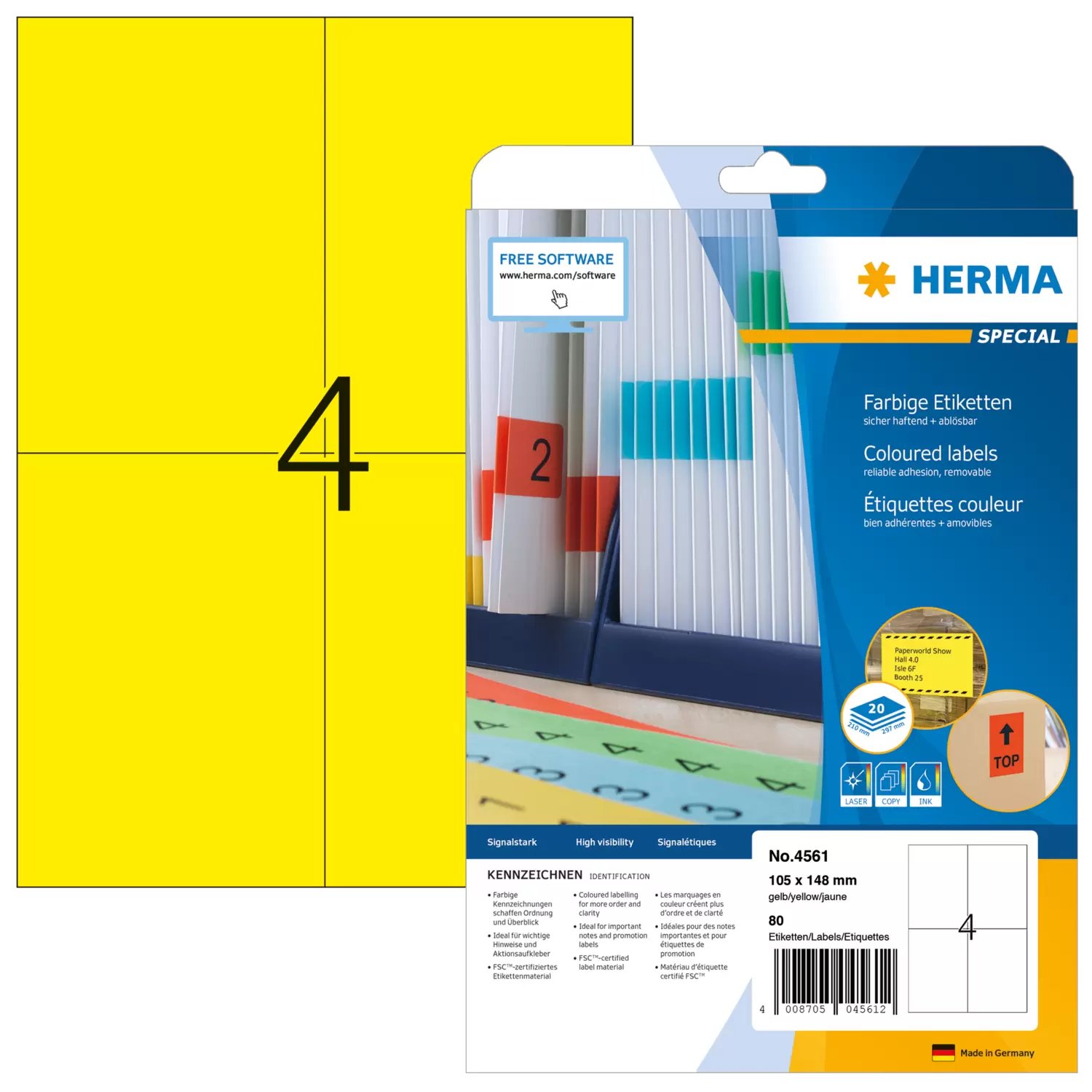 HERMA 4561 - Gelb - Rechteck - A4 - Universal - Matte - Laser/Inkjet