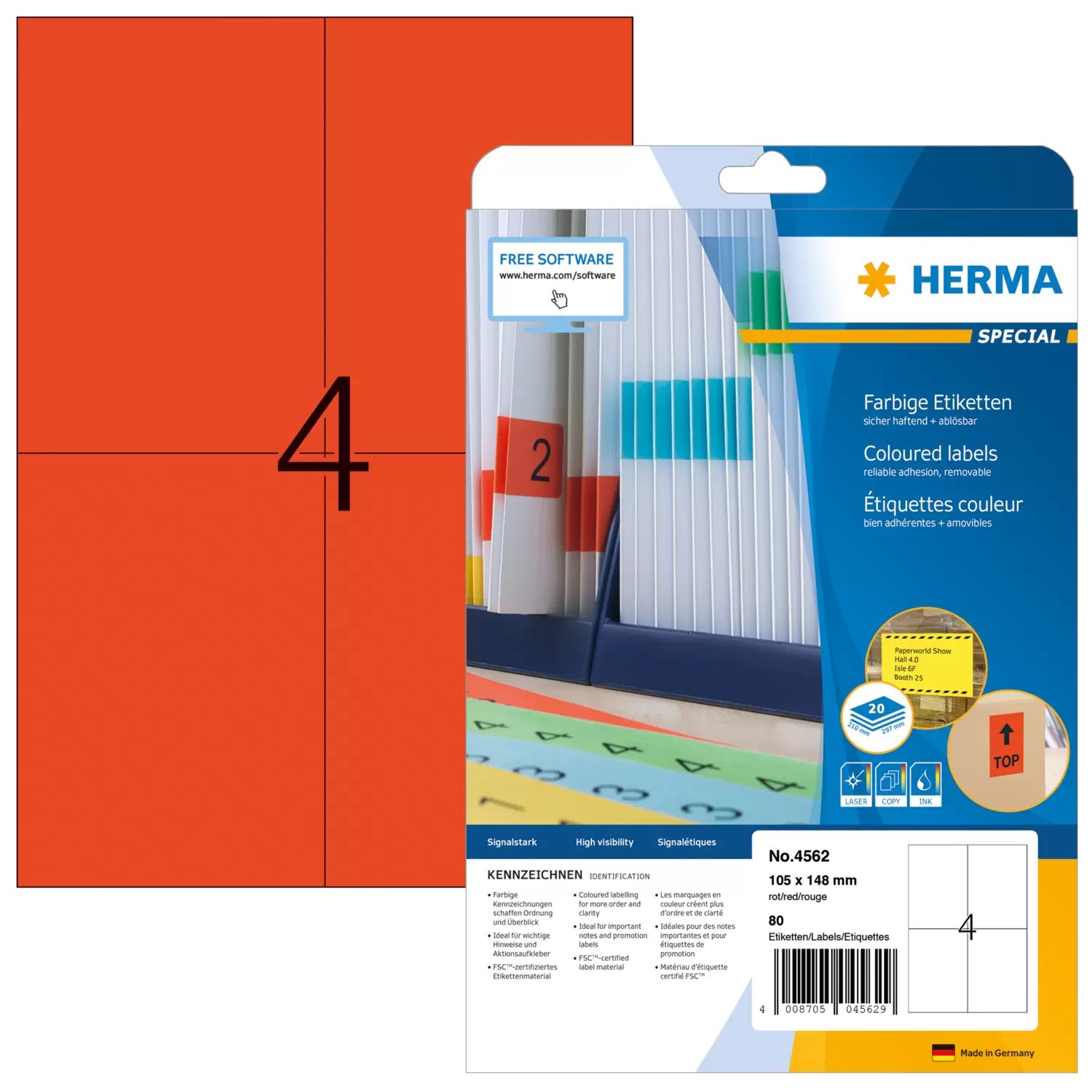 HERMA 4562 - Rot - Rechteck - A4 - Universal - Matte - Laser/Inkjet