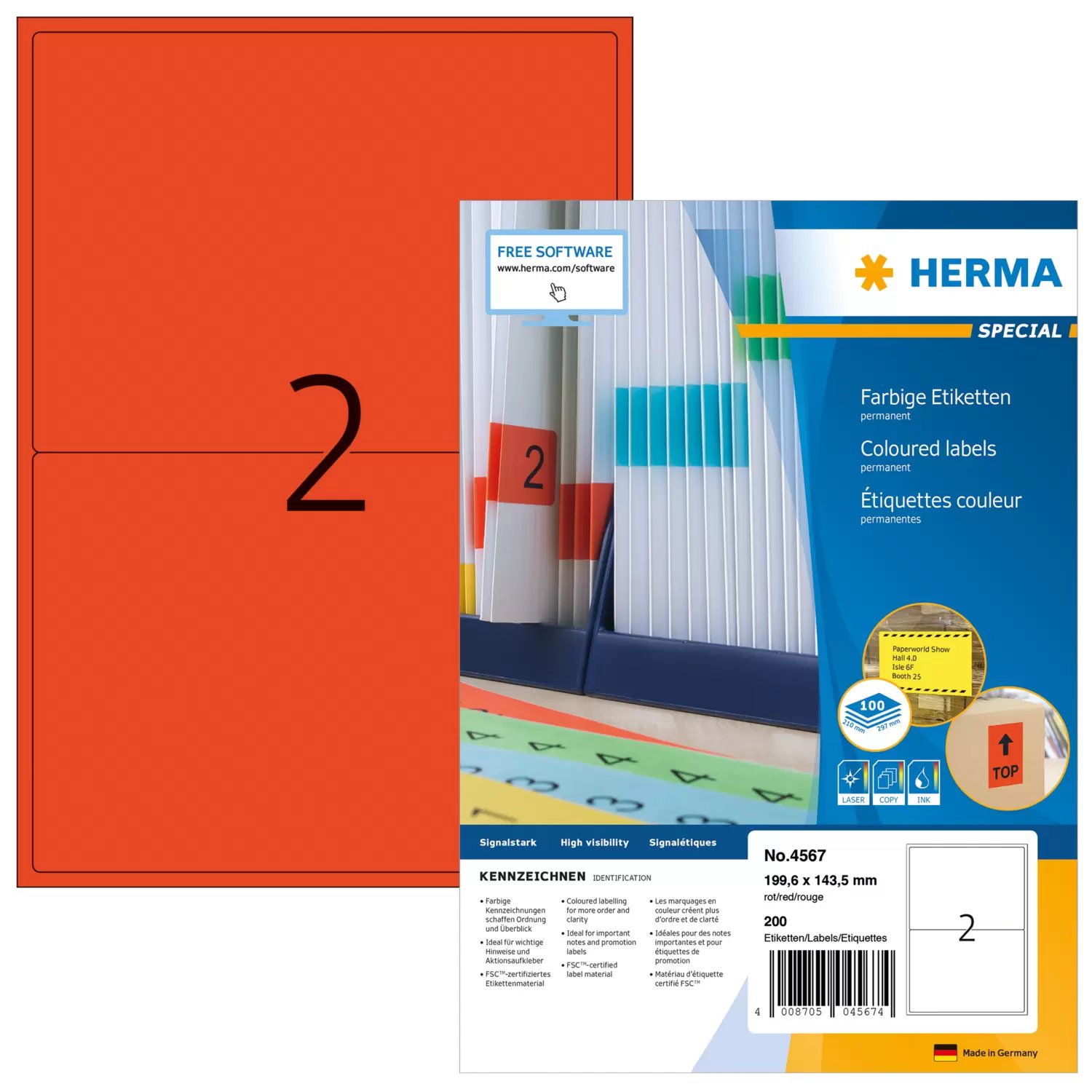HERMA 4567 - Rot - Rechteck - A4 - Universal - Matte - Laser/Inkjet