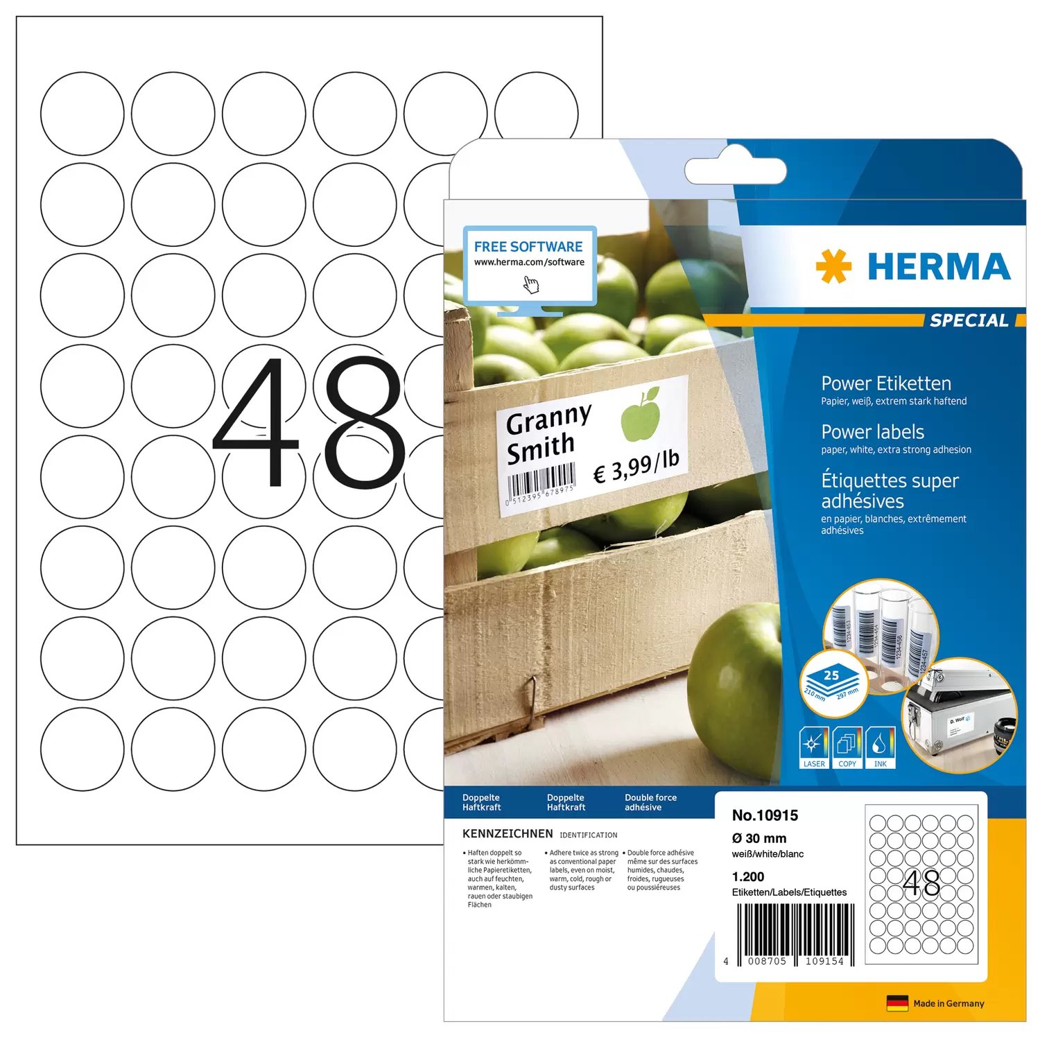 HERMA Etiketten A4 Ø 30 mm rund weiß extrem stark haftend Papier matt 1200 St. - Weiß - Kreis - Dauerhaft - Papier
