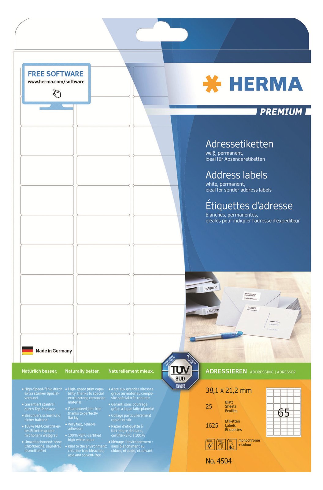 HERMA Premium - Papier - matt - permanent selbstklebend - High White - 38.1 x 21.2 mm 1625 Etikett(en) (25 Bogen x 65)