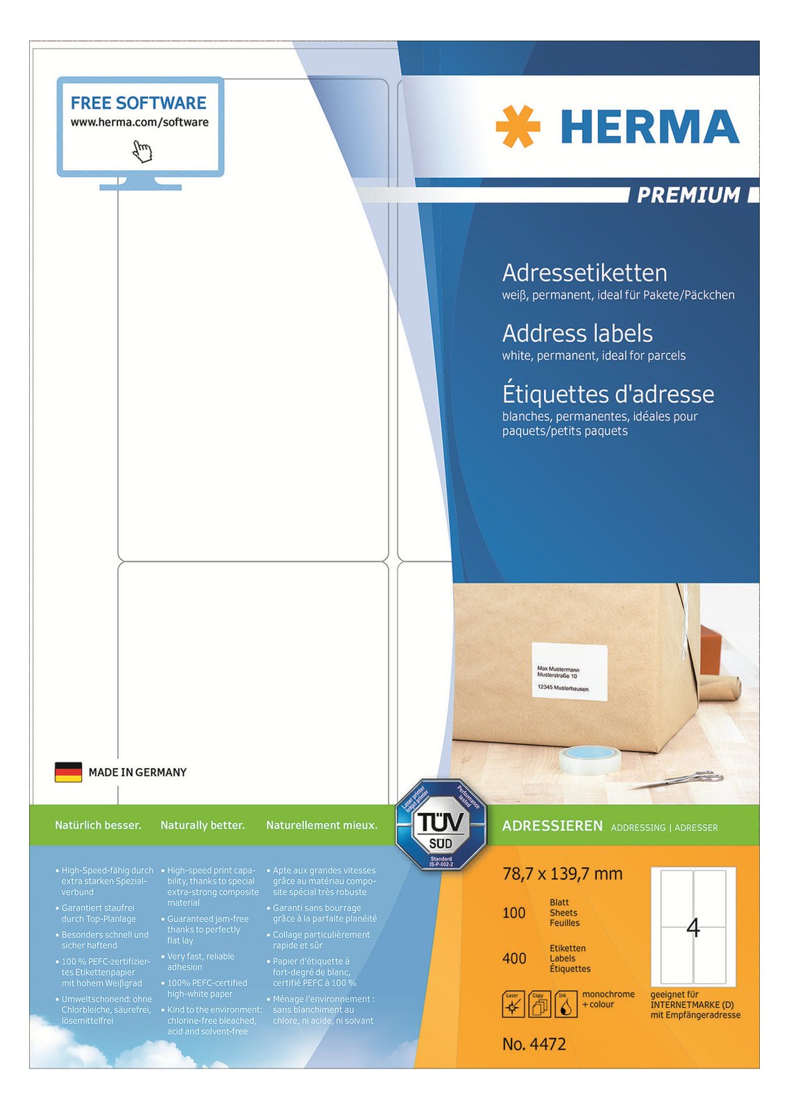 HERMA Premium - Papier - matt - permanent selbstklebend - weiß - 139.7 x 78.7 mm 400 Etikett(en) (100 Bogen x 4)