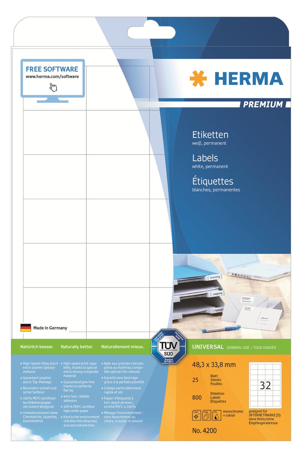 HERMA Premium - Papier - matt - permanent selbstklebend - weiß - 48.3 x 33.8 mm 800 Etikett(en) (25 Bogen x 32)