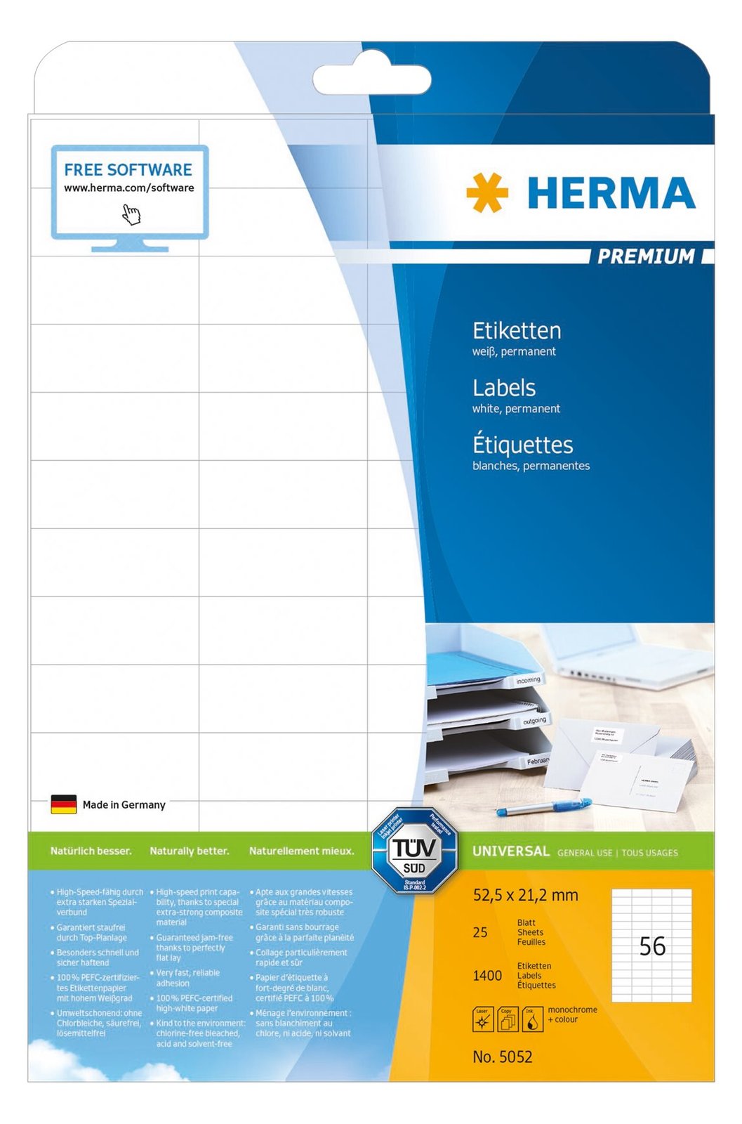 HERMA Premium - Papier - matt - permanent selbstklebend - weiß - 52.5 x 21.2 mm 1400 Etikett(en) (25 Bogen x 56)