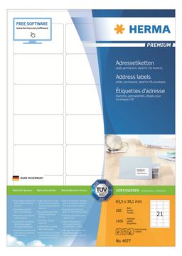 HERMA Premium - Papier - matt - permanent selbstklebend - weiß - 63.5 x 38.1 mm 2100 Etikett(en) (100 Bogen x 21) von LumaTech