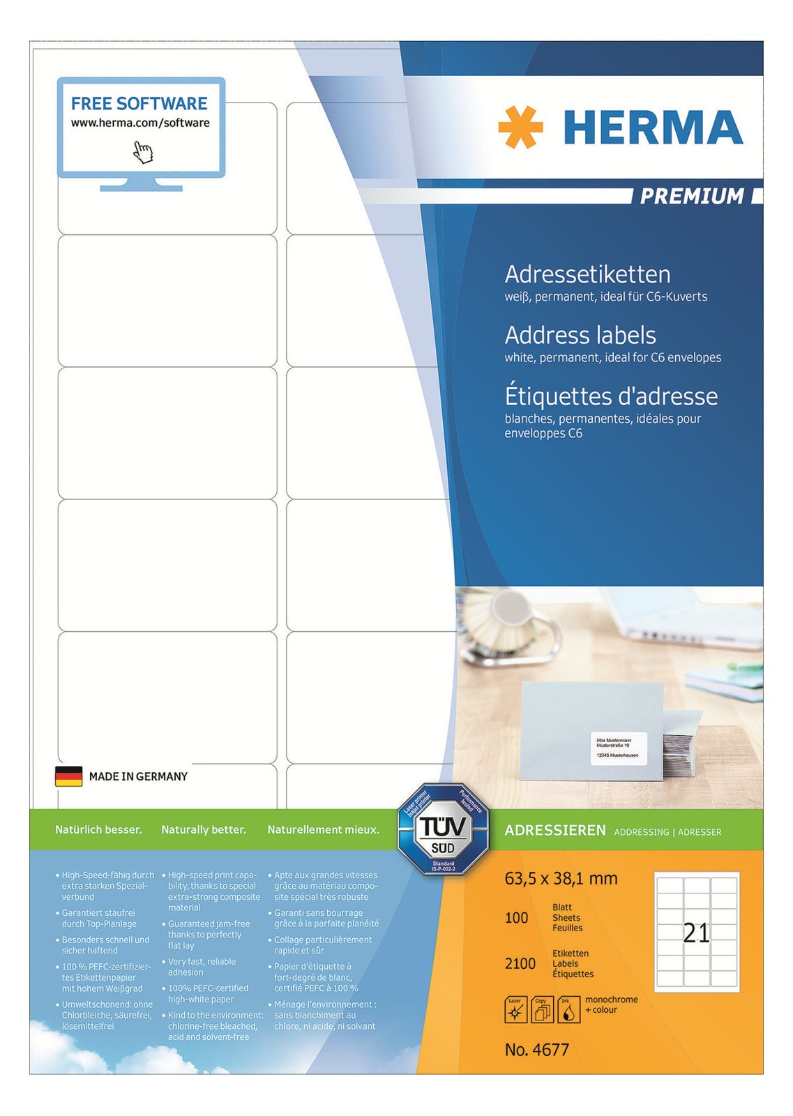 HERMA Premium - Papier - matt - permanent selbstklebend - weiß - 63.5 x 38.1 mm 2100 Etikett(en) (100 Bogen x 21)