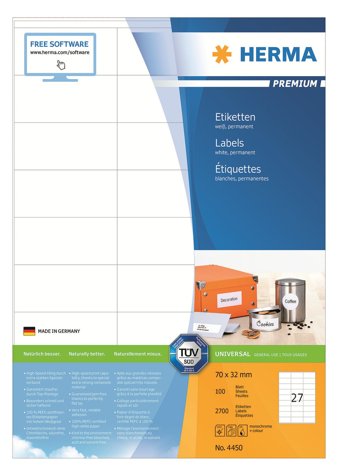 HERMA Premium - Papier - matt - permanent selbstklebend - weiß - 70 x 32 mm 2700 Etikett(en) (100 Bogen x 27)
