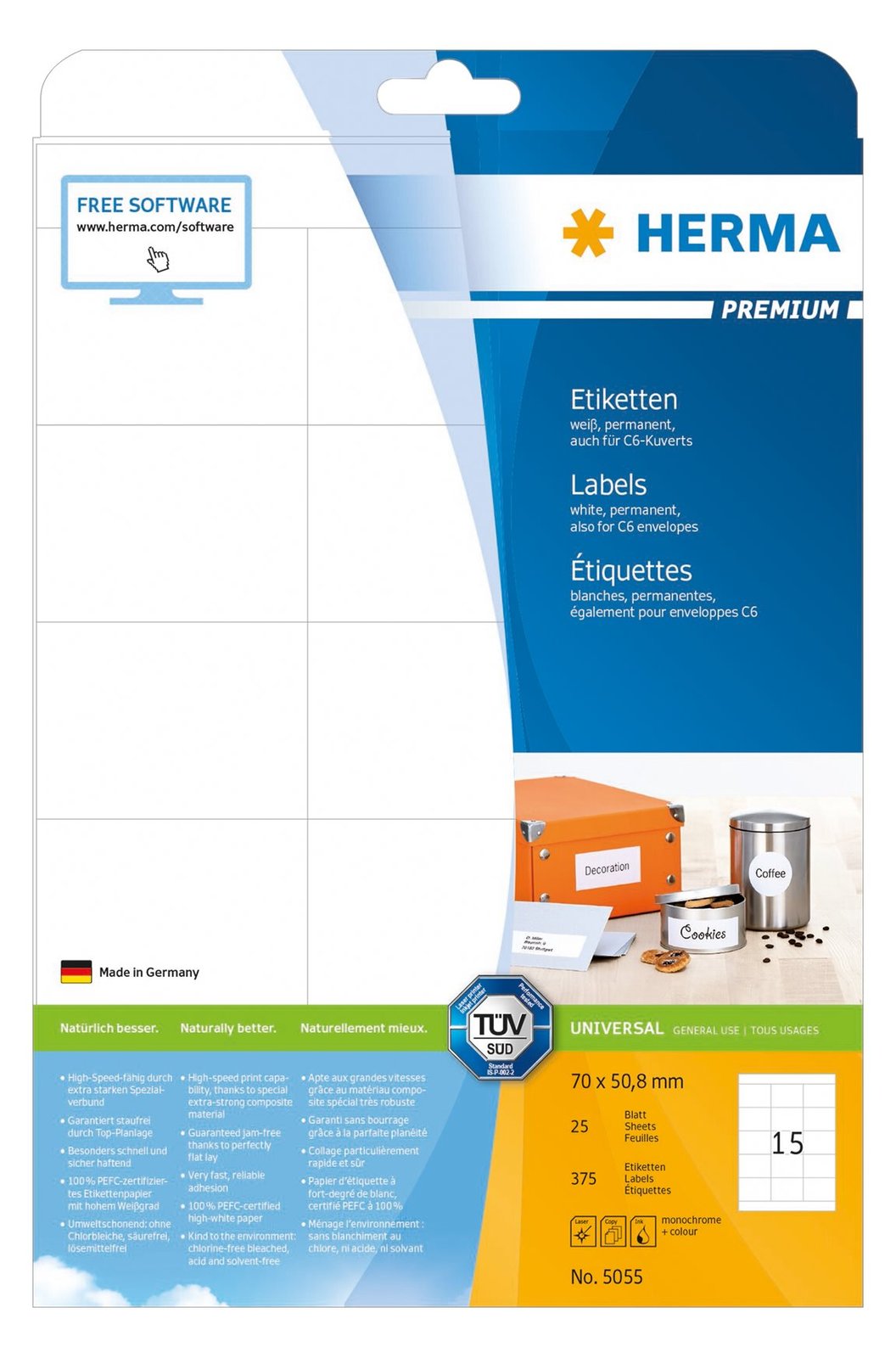 HERMA Premium - Papier - matt - permanent selbstklebend - weiß - 70 x 50.8 mm 375 Etikett(en) (25 Bogen x 15)