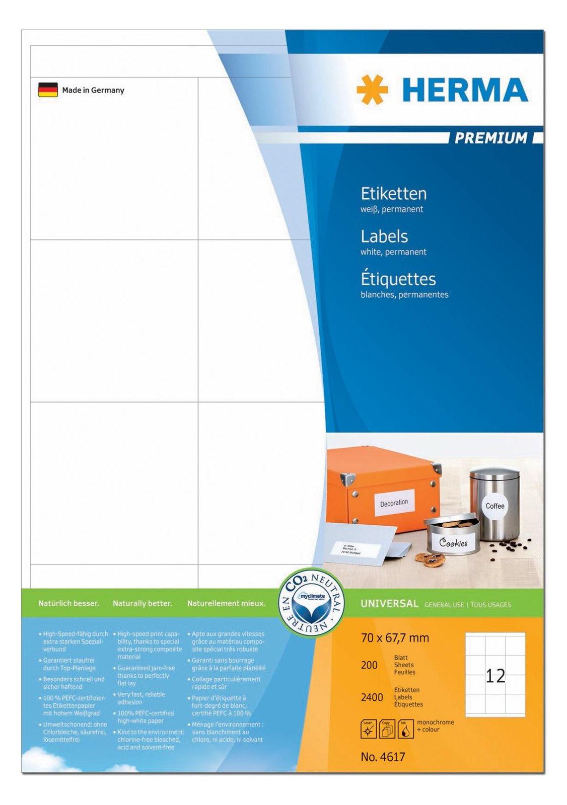 HERMA Premium - Papier - matt - permanent selbstklebend - weiß - 70 x 67.7 mm 2400 Etikett(en) (200 Bogen x 12)