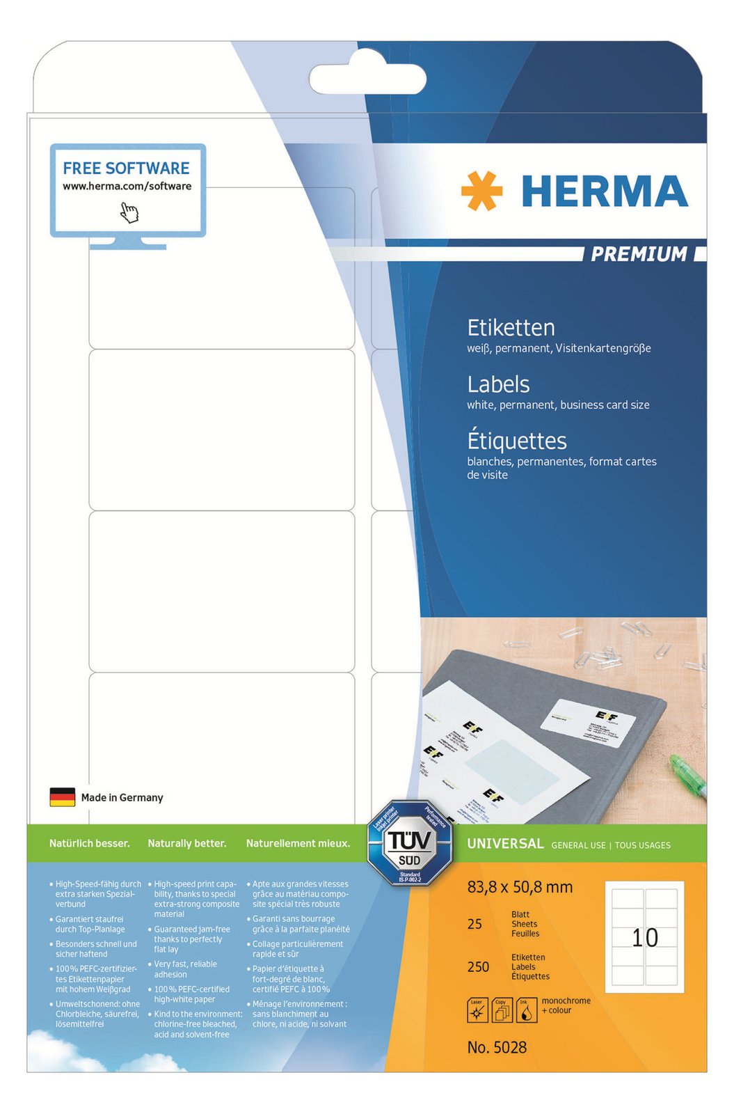 HERMA Premium - Papier - matt - permanent selbstklebend - weiß - 83.8 x 50.8 mm 250 Etikett(en) (25 Bogen x 10)
