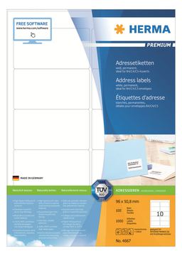 HERMA Premium - Papier - matt - permanent selbstklebend - weiß - 96 x 50.8 mm 1000 Etikett(en) (100 Bogen x 10) von LumaTech