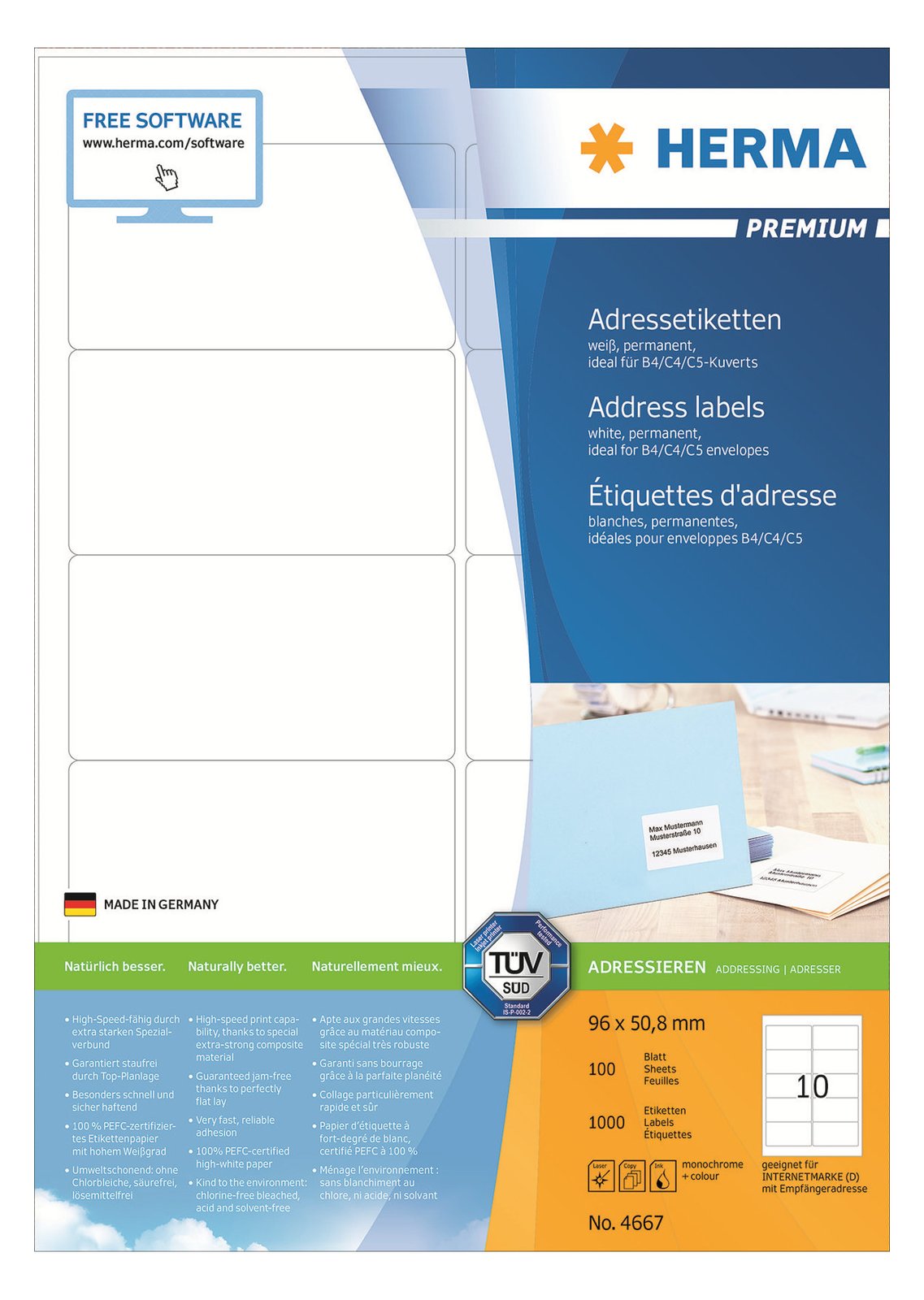 HERMA Premium - Papier - matt - permanent selbstklebend - weiß - 96 x 50.8 mm 1000 Etikett(en) (100 Bogen x 10)