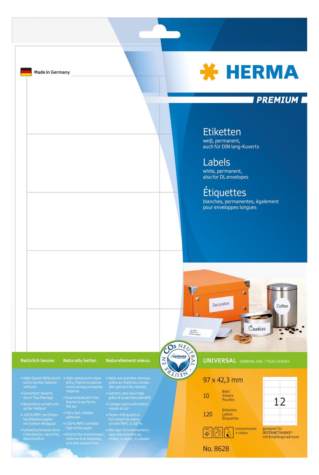 HERMA Premium - Papier - matt - permanent selbstklebend - weiß - 97 x 42.3 mm 120 Etikett(en) (10 Bogen x 12)