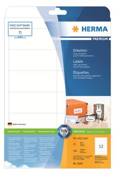 HERMA Premium - Papier - matt - permanent selbstklebend - weiß - 97 x 42.3 mm 300 Etikett(en) (25 Bogen x 12) von LumaTech