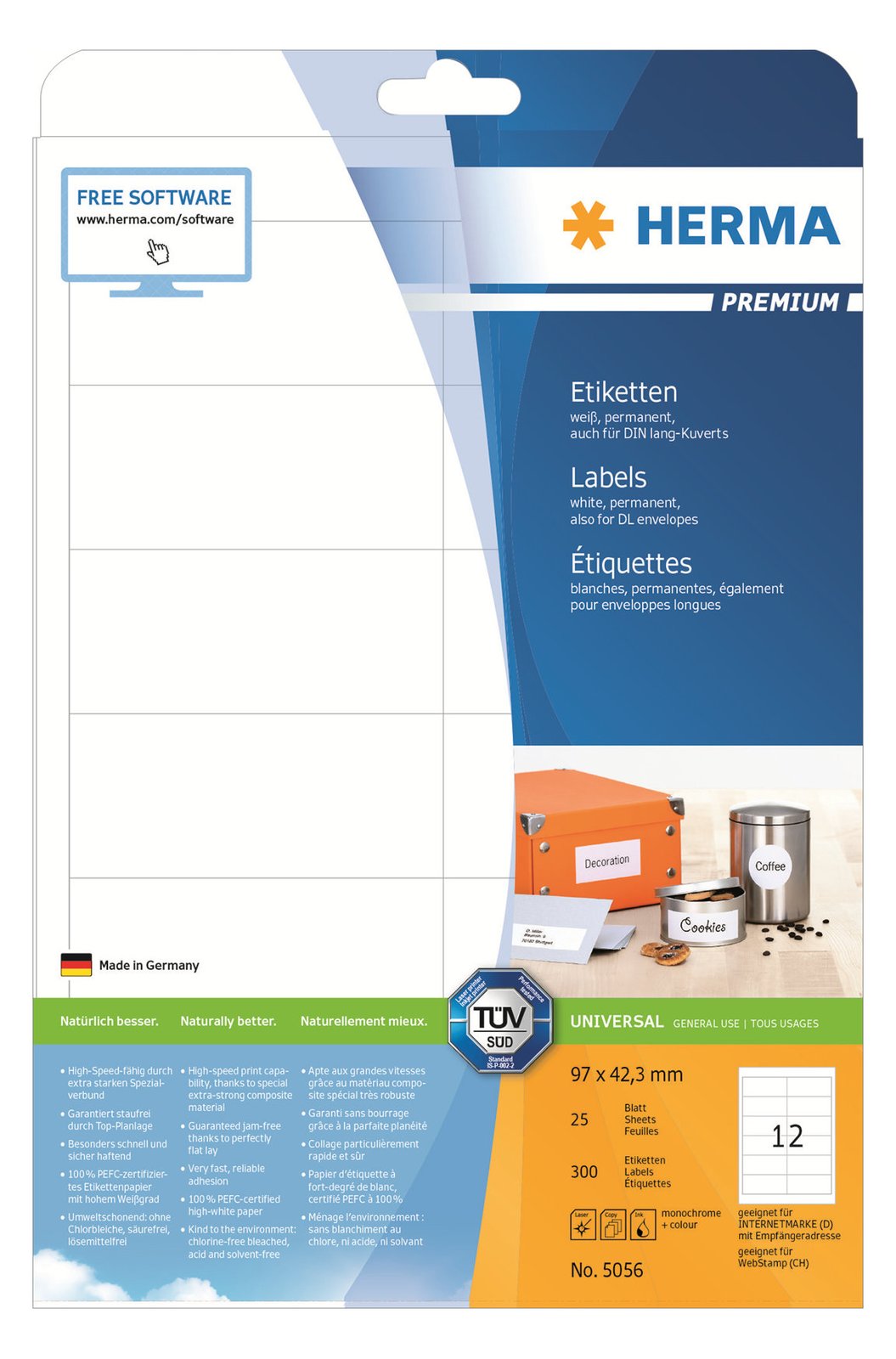 HERMA Premium - Papier - matt - permanent selbstklebend - weiß - 97 x 42.3 mm 300 Etikett(en) (25 Bogen x 12)