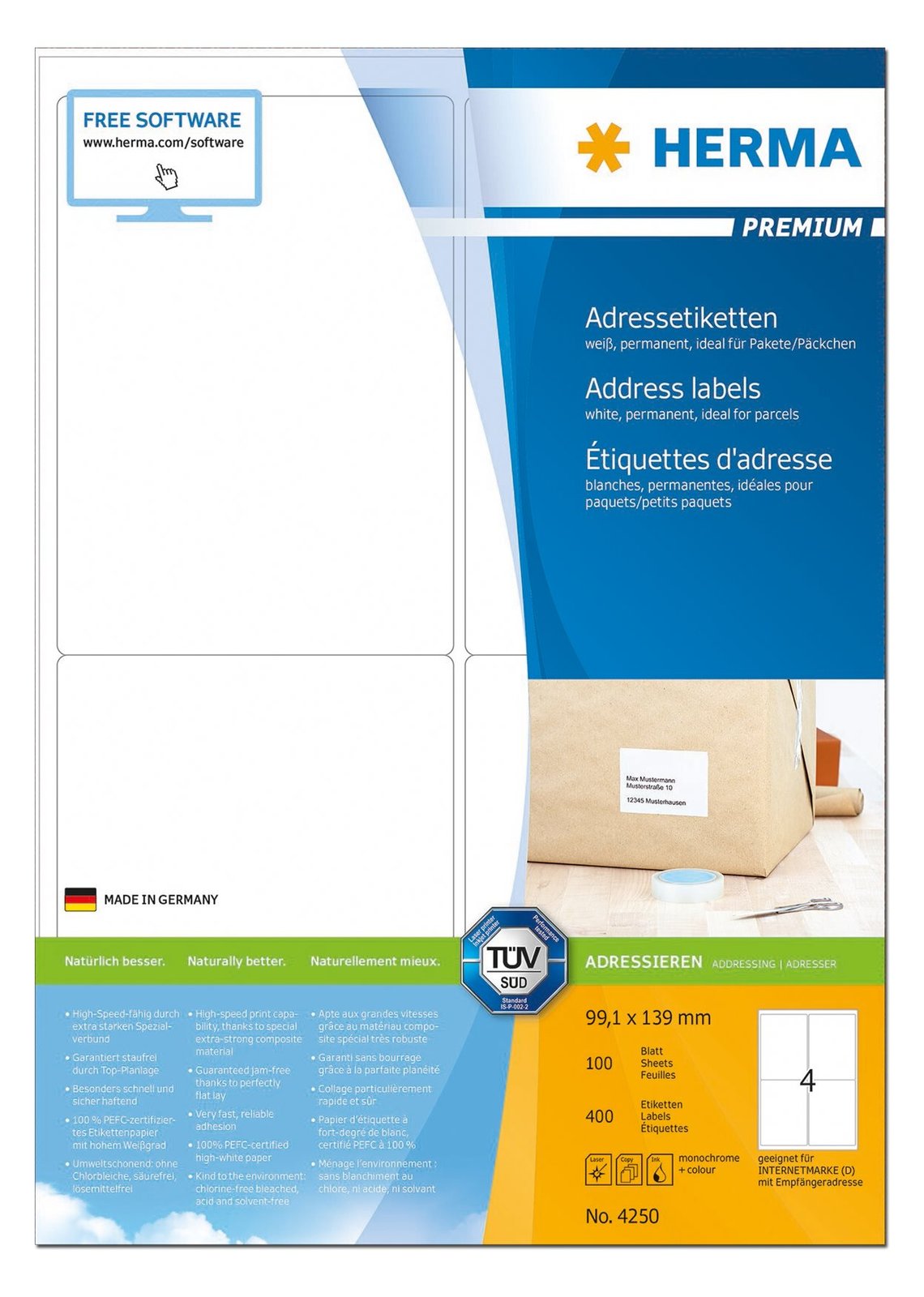 HERMA Premium - Papier - matt - permanent selbstklebend - weiß - 99.1 x 139 mm 400 Etikett(en) (100 Bogen x 4)