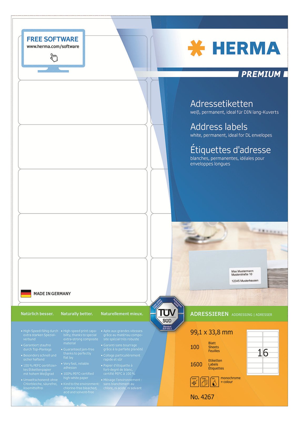 HERMA Premium - Papier - matt - permanent selbstklebend - weiß - 99.1 x 33.8 mm 1600 Etikett(en) (100 Bogen x 16)