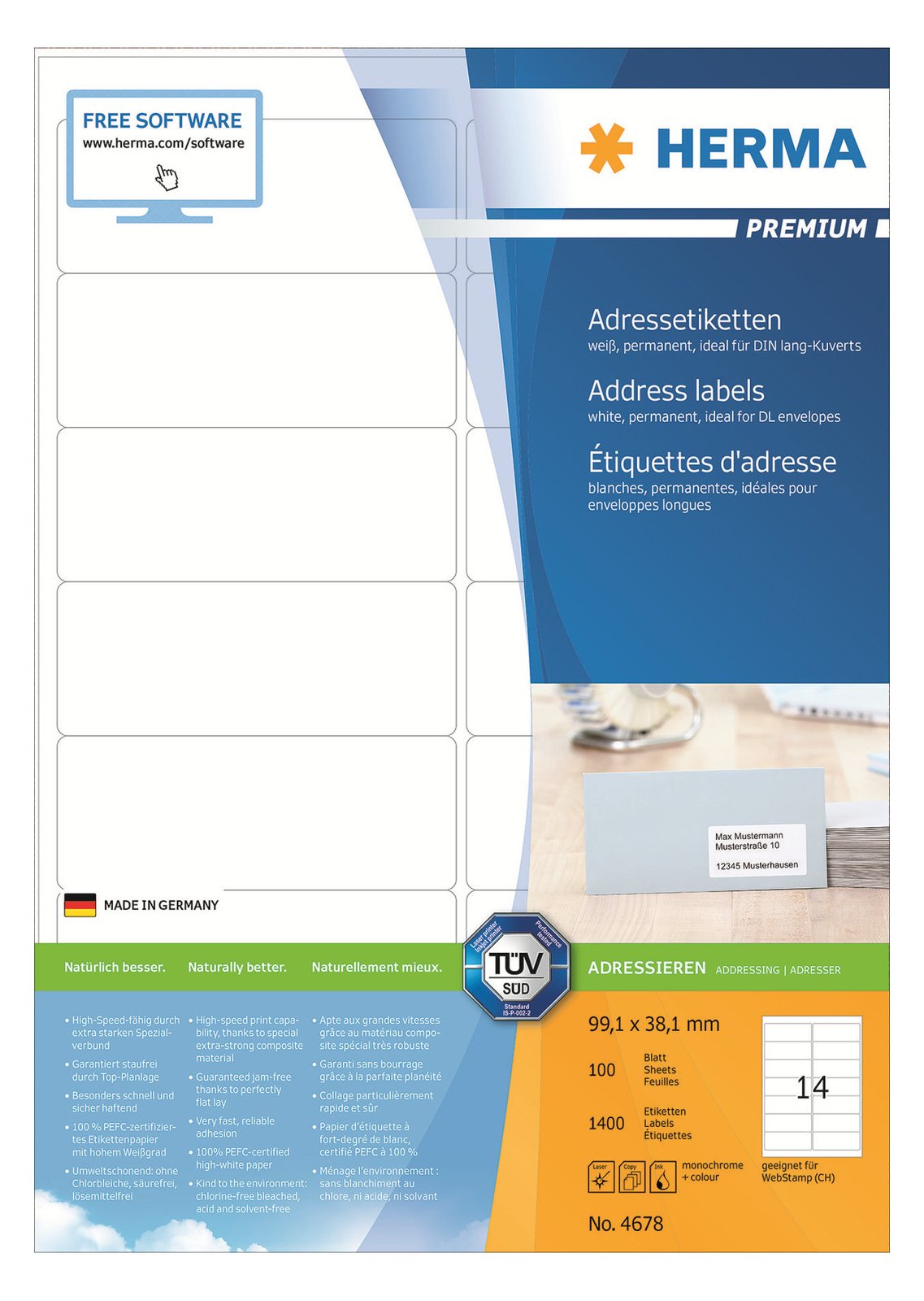 HERMA Premium - Papier - matt - permanent selbstklebend - weiß - 99.1 x 38.1 mm 1400 Etikett(en) (100 Bogen x 14)
