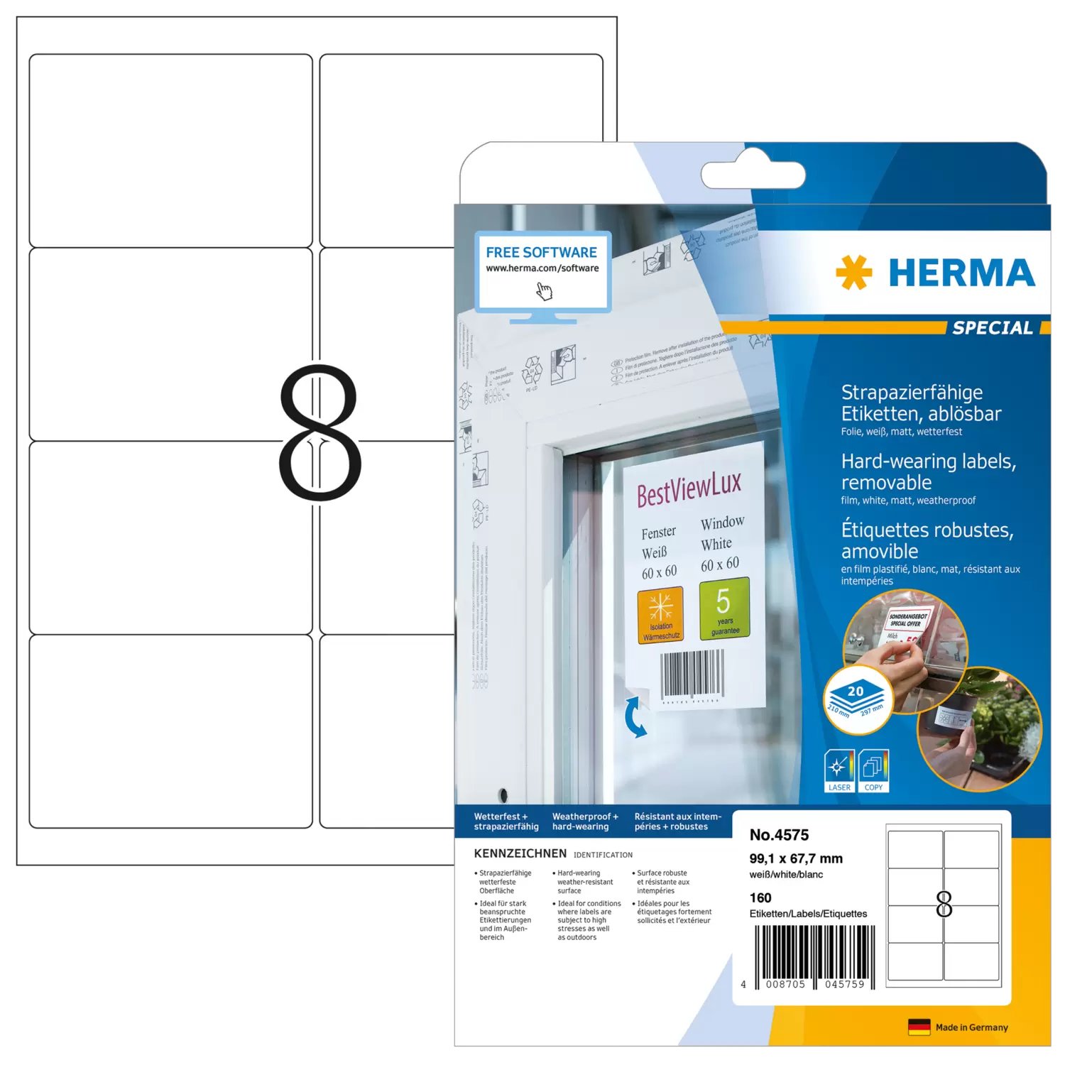 HERMA Special - Matt - selbstklebend, entfernbarer Klebstoff - weiß - 99.1 x 67.7 mm 160 Etikett(en) (20 Bogen x 8)
