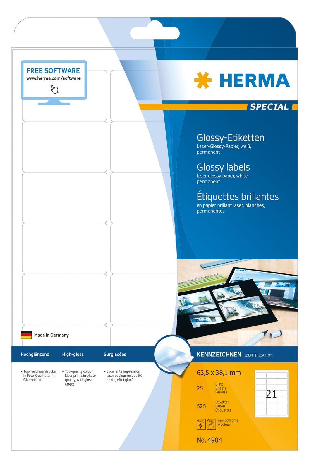 HERMA Special - Papier - hochglänzend - permanent selbstklebend - weiß - 63.5 x 38.1 mm 525 Etikett(en) (25 Bogen x 21)
