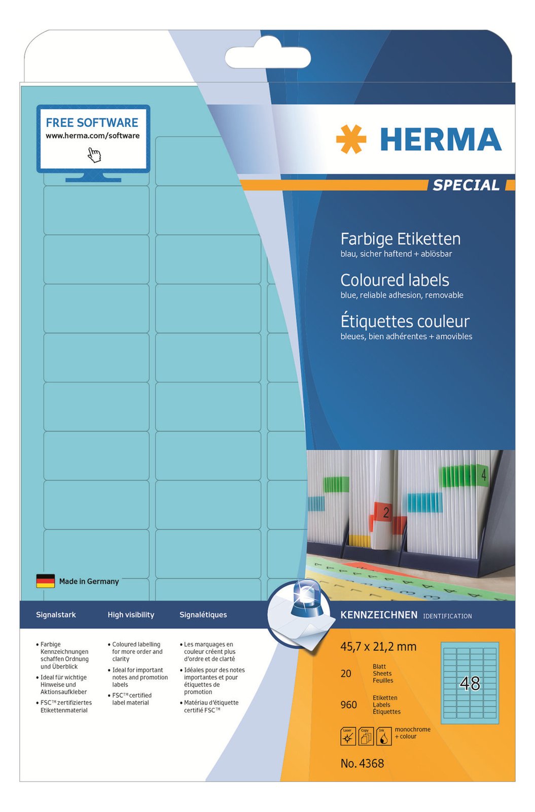 HERMA Special - Papier - matt - permanent selbstklebend - Blau - 45.7 x 21.2 mm 960 Etikett(en) (20 Bogen x 48)