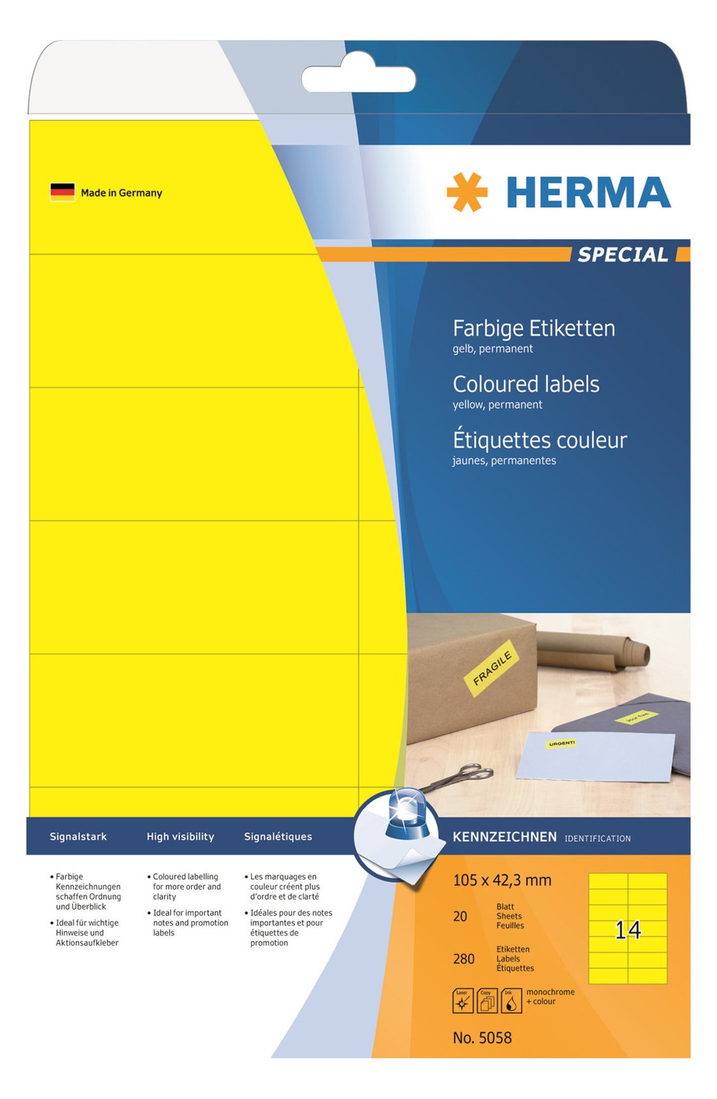 HERMA Special - Papier - matt - permanent selbstklebend - Gelb - 105 x 42.3 mm 280 Etikett(en) (20 Bogen x 14)