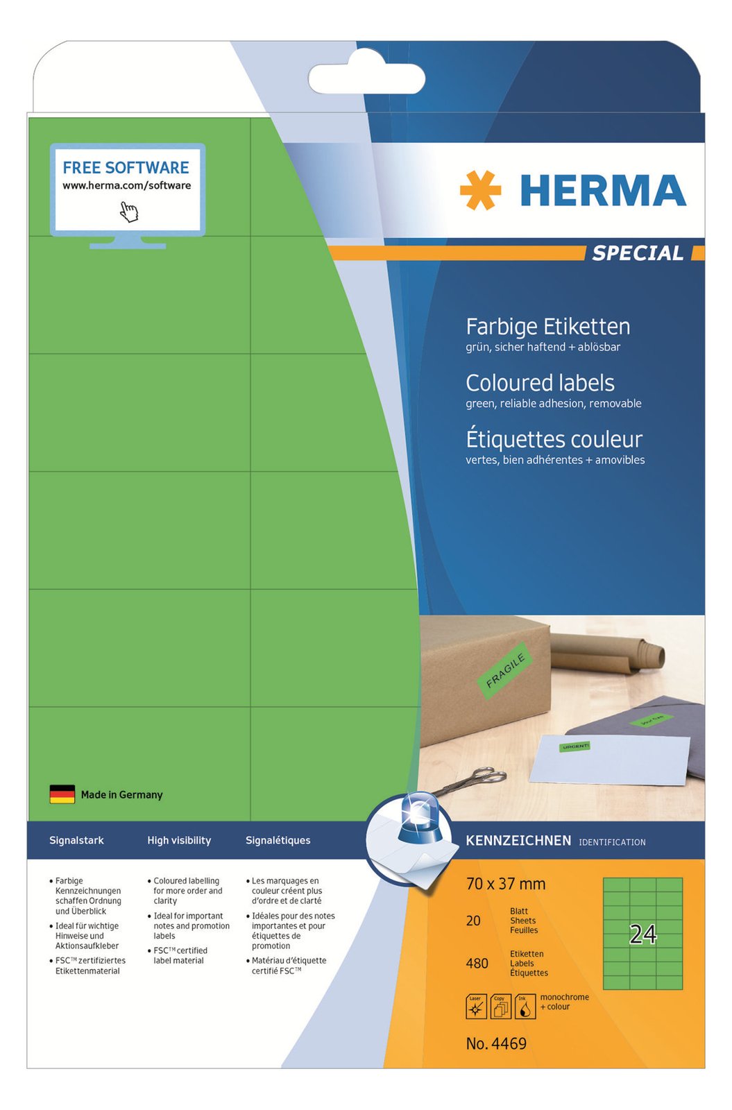 HERMA Special - Papier - matt - permanent selbstklebend - grün - 70 x 37 mm 480 Etikett(en) (20 Bogen x 24)