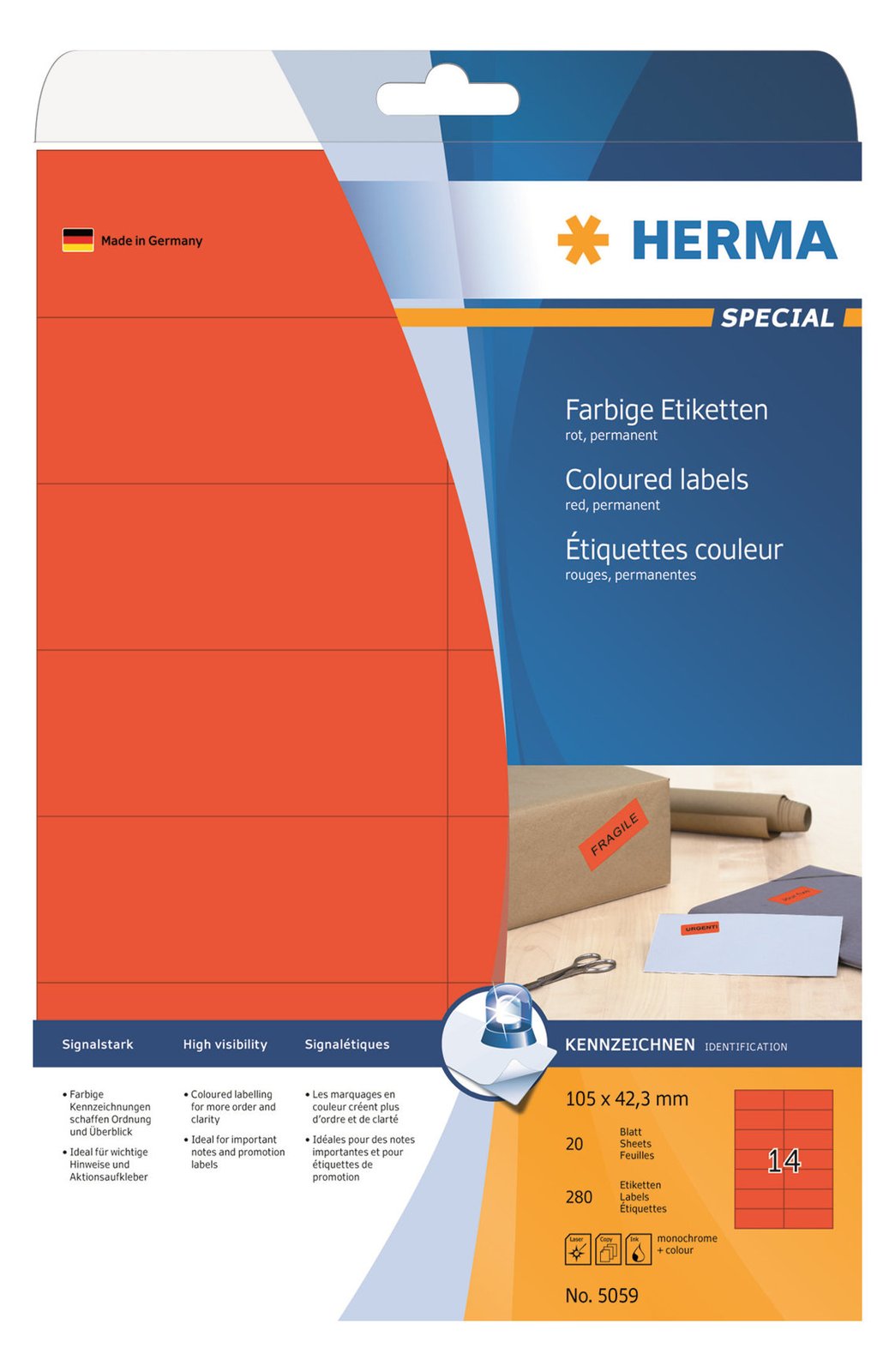 HERMA Special - Papier - matt - permanent selbstklebend - Rot - 105 x 42.3 mm 280 Etikett(en) (20 Bogen x 14)