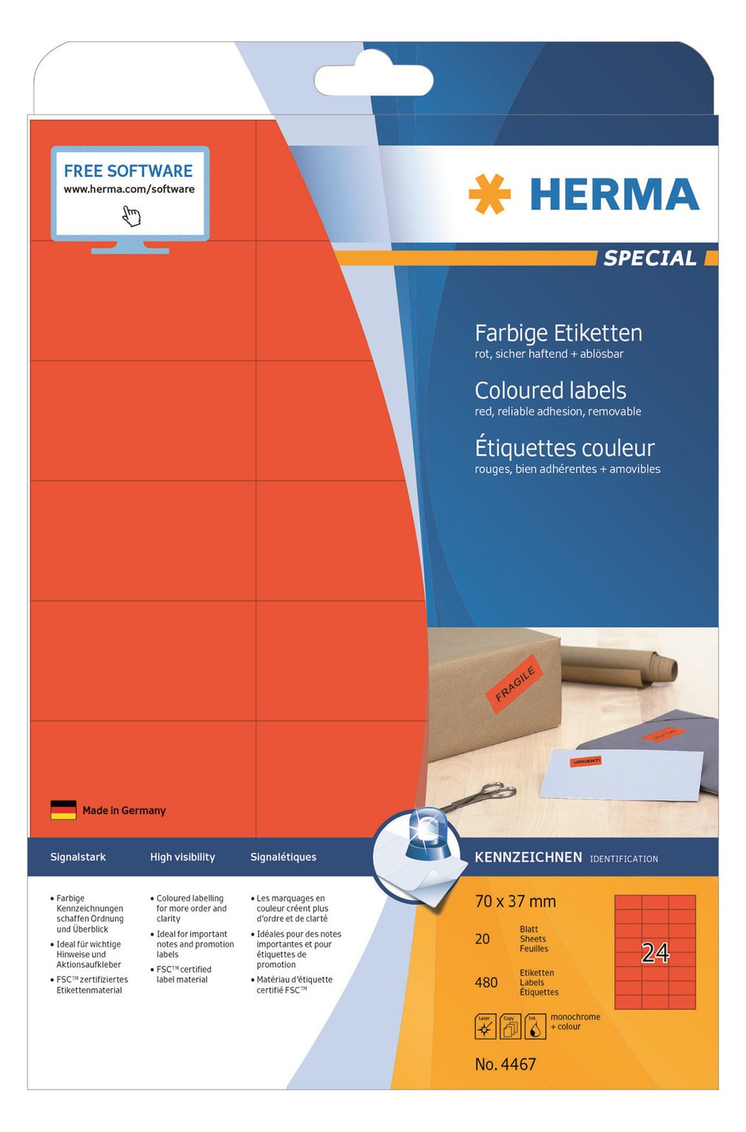 HERMA Special - Papier - matt - permanent selbstklebend - Rot - 70 x 37 mm 480 Etikett(en) (20 Bogen x 24)