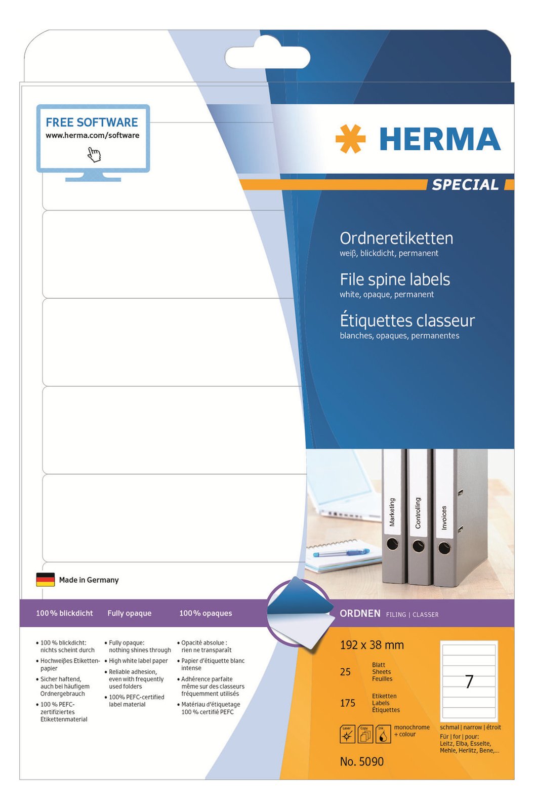 HERMA Special - Papier - matt - permanent selbstklebend - weiß - 192 x 38 mm 175 Etikett(en) (25 Bogen x 7)