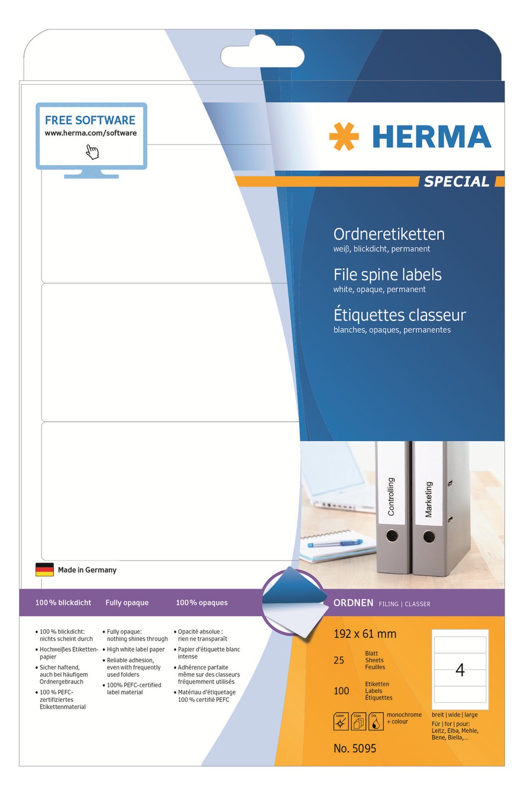 HERMA Special - Papier - matt - permanent selbstklebend - weiß - 192 x 61 mm 100 Etikett(en) (25 Bogen x 4)